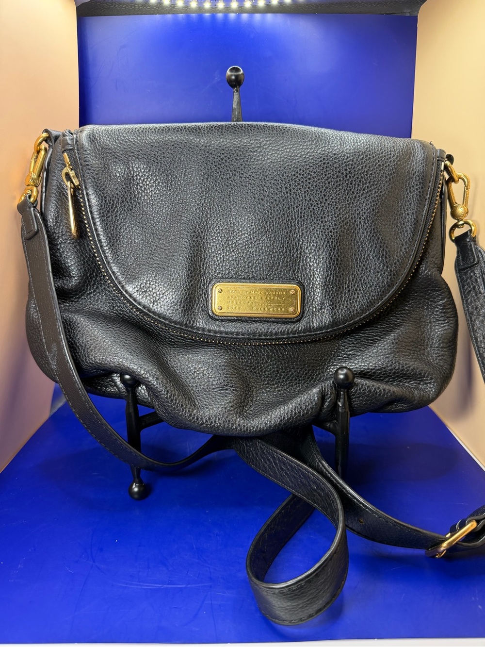 Marc by Marc Jacobs Black Pebbled Leather Natasha Shoulder Bag with Gold Plaque